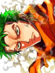 Rule 34 | 1boy, a00xm, alternate costume, closed mouth, commentary request, earrings, green eyes, green hair, highres, jewelry, male focus, one piece, orange scarf, roronoa zoro, scarf, short hair, single earring, solo