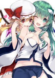 Rule 34 | 2girls, adapted costume, bad id, bad twitter id, blonde hair, blush, bow, breasts, cleavage, crystal, detached sleeves, flandre scarlet, frog hair ornament, green eyes, green hair, hair ornament, hands on another&#039;s chest, hat, hat bow, heart, highres, hug, hug from behind, japanese clothes, kochiya sanae, kou mashiro, long sleeves, looking at another, md5 mismatch, midriff, miko, mob cap, multiple girls, navel, one eye closed, open mouth, ponytail, red eyes, resized, shirt, short hair, side ponytail, simple background, skirt, skirt set, smile, snake hair ornament, touhou, vest, white background, wide sleeves, wings, yuri