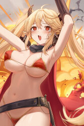Rule 34 | 1girl, @ @, abpart, absurdres, ahoge, armpits, azur lane, belt, bikini, black belt, black horns, blonde hair, bluecher (azur lane), bluecher (skyward burning love) (azur lane), bouncing breasts, breasts, cape, cleavage, commentary, english commentary, explosion, fang, highres, horns, large breasts, long hair, looking at viewer, navel, official alternate costume, open mouth, red bikini, red cape, red eyes, skin fang, solo, swimsuit, tears, twintails