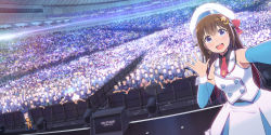 Rule 34 | 2girls, 6+boys, a-chan (hololive), adjusting eyewear, ankimo (tokino sora), audience, blue eyes, blush, bow, brown hair, character name, commentary, concert, crescent, crescent hair ornament, cuffs, detached sleeves, dutch angle, earrings, glasses, glowstick, hair bow, hair ornament, hat, highres, holding, holding stuffed toy, hololive, jewelry, long hair, multiple boys, multiple girls, necktie, outstretched arm, purple hair, selfie, shiwasu takashi, skirt, stadium, stage, stage lights, star (symbol), star earrings, star hair ornament, stuffed animal, stuffed toy, teddy bear, tokino sora, towel, towel around neck, v, vest, virtual youtuber, waving