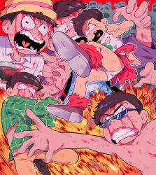 Rule 34 | 10s, 5boys, absurdres, afro, axe, bad id, bad twitter id, blood, blood on face, broken tooth, brothers, brown hair, hanten (clothes), hat, heart, heart in mouth, highres, male focus, matsuno choromatsu, matsuno ichimatsu, matsuno karamatsu, matsuno matsuzou, matsuno osomatsu, matsuno todomatsu, messy hair, multiple boys, necktie, o2 (o2mm), osomatsu-kun, osomatsu-san, osomatsu (series), pink necktie, plaid, plaid shirt, porkpie hat, shirt, siblings, sunglasses, torn clothes, wall-eyed, weapon