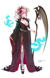 Rule 34 | 1girl, absurdres, adapted costume, alternate costume, alternate hairstyle, aneco (westsea1227), belt, bracelet, breasts, cleavage, coat, coat on shoulders, crossed legs, death-sensei (mori calliope), hair ornament, highres, hitodama, holding, holding scythe, hololive, hololive english, huge weapon, japanese clothes, jewelry, kanzashi, kimono, large breasts, lips, long hair, looking to the side, mori calliope, oiran, okobo, pink eyes, pink hair, sandals, sarashi, scythe, shoulder spikes, side slit, sidelocks, simple background, skull, solo, spikes, sunglasses, tabi, thighhighs, tsurime, veil, virtual youtuber, watson cross, weapon, white background, white thighhighs