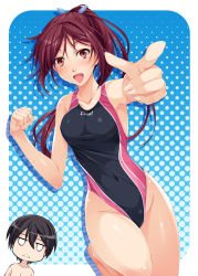 Rule 34 | 10s, 1boy, 1girl, bare shoulders, breath, competition swimsuit, covered navel, finger gun, free!, halftone, halftone background, highleg, highleg swimsuit, highres, matsuoka gou, mukunokino isshiki, nanase haruka (free!), navel, one-piece swimsuit, open mouth, pointing, pointing at viewer, swimsuit, thighs