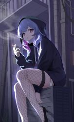 Rule 34 | 1girl, :o, absurdres, arsene (57109611), black footwear, black hoodie, blue hair, cigarette, drawstring, fishnet thighhighs, fishnets, foot out of frame, foot up, hatsune miku, high heels, highres, holding, holding cigarette, hood, hood up, hoodie, long bangs, long hair, looking at viewer, mask, mask around neck, mouth mask, multicolored hair, night, no pants, open mouth, outdoors, pink hair, pure pure (rabbit hole), purple eyes, rabbit hole (vocaloid), smoke, smoke trail, smoking, solo, surgical mask, thighhighs, two-tone hair, vocaloid