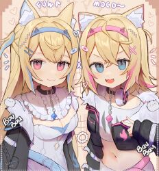 Rule 34 | 2girls, :3, animal collar, animal ear fluff, animal ears, bandaid, bandaid hair ornament, black collar, black jacket, blonde hair, blue eyes, blue hair, blue hairband, breasts, center frills, cleavage cutout, clothing cutout, collar, cropped jacket, cropped shirt, crossed bangs, cutout above navel, detached collar, dog ears, dog girl, double-parted bangs, dress, fake horns, fang, frilled shirt collar, frills, fur-trimmed jacket, fur trim, fuwawa abyssgard, fuwawa abyssgard (1st costume), hair between eyes, hair intakes, hair ornament, hairband, hairclip, headphones, headphones around neck, highres, hololive, hololive english, horns, jacket, large breasts, long hair, long sleeves, mococo abyssgard, mococo abyssgard (1st costume), multicolored hair, multiple girls, open mouth, pink eyes, pink hair, pink hairband, puffy long sleeves, puffy sleeves, shirt, short dress, short hair, siblings, sisters, skin fang, spiked collar, spikes, streaked hair, szuukie, t-shirt, twins, two side up, upper body, v, virtual youtuber, white dress, white shirt, x hair ornament