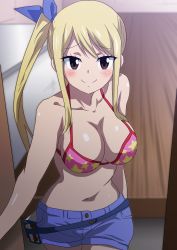Rule 34 | 1girl, absurdres, bare shoulders, bikini, bikini top only, blonde hair, blush, breasts, brown eyes, cleavage, collarbone, denim, denim shorts, fairy tail, hair ribbon, happy, hara (harayutaka), has bad revision, has downscaled revision, highres, large breasts, long hair, lucy heartfilia, md5 mismatch, navel, open door, resolution mismatch, ribbon, shiny skin, short shorts, shorts, side ponytail, sidelocks, smile, solo, source smaller, star (symbol), star print, swimsuit