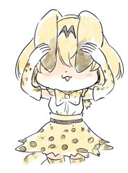 Rule 34 | 1girl, :3, animal ears, animal print, arms up, bare shoulders, belt, black belt, blonde hair, blush stickers, bob cut, bow, bowtie, covered eyes, covering own eyes, cowboy shot, cropped legs, dot nose, elbow gloves, gloves, high-waist skirt, kemono friends, pale color, panzuban, parted lips, print bow, print bowtie, print gloves, print skirt, print thighhighs, serval (kemono friends), serval print, shirt tucked in, short hair, simple background, skirt, sleeveless, solo, tail, thighhighs, white background, zettai ryouiki