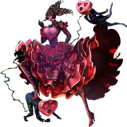 Rule 34 | 1girl, 2boys, absurdres, black choker, black gloves, black hair, bow, bowtie, carmen (persona 5), choker, cigar, dress, flower, gloves, highres, long dress, mask, multiple boys, official art, pantyhose, persona, persona 5, persona 5: the phantom x, red dress, red flower, red rose, rose, simple background, transparent background, twintails, yellow eyes