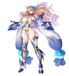 Rule 34 | 1girl, aged up, ahoge, alternate costume, aoi nagisa (metalder), bare shoulders, blonde hair, blue eyes, boots, breasts, cleavage, curvy, detached sleeves, female focus, fingerless gloves, fishnets, full body, gloves, glowing, glowing eye, heterochromia, high heel boots, high heels, highleg, highleg leotard, highres, horns, huge breasts, leotard, leotard tug, lilith-soft, long hair, long sleeves, looking at viewer, nail polish, navel, official art, onizaki kirara, onizaki kirara (future), red eyes, revealing clothes, sasayama ittousai, see-through, shiny skin, simple background, solo, standing, strapless, strapless leotard, taimanin (series), taimanin asagi, taimanin rpgx, thick thighs, thighhighs, thighs, thong leotard, very long hair, wide hips