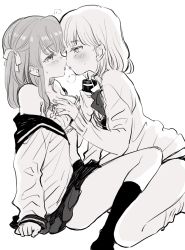 2girls amezawa_koma blush bra commentary_request from_side grabbing_another&#039;s_breast greyscale groping hair_ribbon highres kneehighs medium_hair monochrome multiple_girls off_shoulder original profile ribbon saliva saliva_trail school_uniform serafuku sketch skirt socks tongue tongue_out underwear yuri