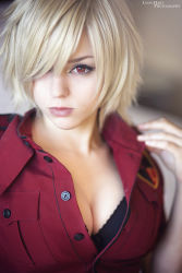 Rule 34 | 1girl, alternate costume, blonde hair, breasts, cleavage, closed mouth, cosplay, female focus, hellsing, highres, large breasts, looking at viewer, photo (medium), police, police uniform, red eyes, seras victoria, serious, short hair, solo, stephanie fischer, uniform, upper body, vampire