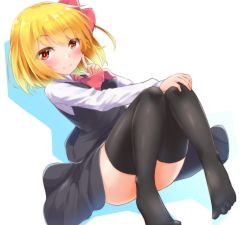 Rule 34 | 1girl, arm up, ascot, black skirt, black thighhighs, black vest, blonde hair, blush, convenient leg, drop shadow, dutch angle, finger to cheek, hair ribbon, hand on own knee, highres, knees together feet apart, long sleeves, looking at viewer, no shoes, red ascot, red eyes, ribbon, rody (hayama yuu), rumia, shirt, short hair, simple background, sitting, skirt, smile, solo, thighhighs, touhou, vest, white background, white shirt