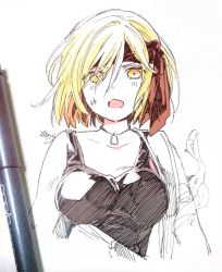 Rule 34 | 1girl, art tools in frame, bandana, bare shoulders, black tank top, blonde hair, breasts, collarbone, commentary request, djeeta (granblue fantasy), granblue fantasy, grey background, hair over one eye, highres, jacket, large breasts, open clothes, open jacket, photo (medium), red bandana, signature, simple background, sofra, soldier (granblue fantasy), solo, tank top, traditional media, upper body, yellow eyes