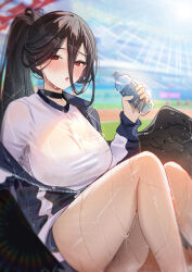 Rule 34 | 1girl, :o, absurdres, black choker, black hair, black wings, blue archive, blue jacket, blush, bottle, breasts, choker, feathered wings, gym shirt, gym shorts, gym uniform, hair between eyes, halo, hasumi (blue archive), hasumi (track) (blue archive), highres, holding, holding bottle, jacket, large breasts, large wings, long hair, looking at viewer, low wings, mole, mole under eye, official alternate costume, partially unzipped, ponytail, red eyes, shirt, shorts, solo, sweat, tansuan (ensj3875), thighs, track jacket, water bottle, wet, white shirt, wings