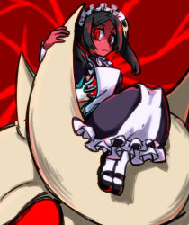 Rule 34 | 1girl, alternate color, alternate hair color, alternate skin color, apron, black hair, bloody marie (skullgirls), blue fire, brooch, child, colored skin, dress, expressionless, female focus, fire, frills, frown, hair ornament, horns, jewelry, long dress, looking at viewer, maid, maid headdress, mary janes, mochinaga, red background, red eyes, red skin, ribs, shoes, short twintails, sidelocks, sitting, skull, skull hair ornament, skullgirls, solo, symbol-shaped pupils, twintails, white legwear