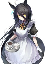 Rule 34 | 1girl, absurdres, ahoge, alternate costume, animal ears, apron, black dress, black hair, coffee, coffee cup, cup, disposable cup, dress, ear piercing, enmaided, from above, gloves, hair between eyes, highres, holding, holding tray, horse ears, horse girl, long bangs, long hair, long sleeves, looking at viewer, maid, maid apron, maid headdress, manhattan cafe (umamusume), neck ribbon, orange ribbon, piercing, puffy short sleeves, puffy sleeves, ribbon, sashimi0gou, saucer, short sleeves, smile, solo, spoon, tray, umamusume, white apron, white gloves, white hair, yellow eyes