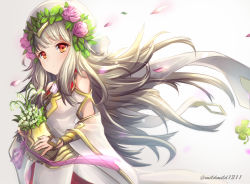 Rule 34 | 1girl, bare shoulders, clear glass (mildmild1311), closed mouth, clover, fire emblem, fire emblem heroes, flower, four-leaf clover, grey background, grey hair, hair flower, hair flowing over, hair ornament, highres, holding, holding weapon, looking at viewer, nintendo, official alternate costume, petals, red eyes, solo, upper body, veronica (fire emblem), weapon