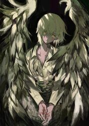 Rule 34 | 12anchovy, 1girl, absurdres, black background, blonde hair, blood, blood on hands, chimera, closed mouth, collarbone, collared shirt, dungeon meshi, falin touden, falin touden (chimera), feathered wings, hair between eyes, head tilt, highres, long sleeves, looking at viewer, monster girl, own hands together, painterly, shirt, short hair, sitting, solo, wings, yellow eyes, yellow shirt, yellow wings