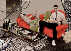 Rule 34 | 2boys, alcohol, birthday, black hair, black pants, blonde hair, bolo tie, book, couch, crown, donquixote doflamingo, donquixote pirates, drinking glass, facial hair, flower, food, fork, glass table, goatee, lap pillow, lying on lap, male focus, multiple boys, necktie, one piece, open book, pants, plate, reading, red upholstery, ribbon, roco64, shoes, sideburns, sitting, sleeping, spill, sunglasses, table, vergo, white footwear, wine, wine glass