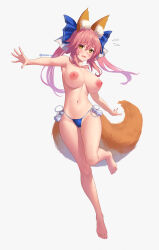 Rule 34 | 1girl, absurdres, animal ear fluff, animal ears, bare shoulders, bikini, bikini bottom only, blue bikini, blush, breasts, fate/extella, fate/extra, fate/extra ccc, fate (series), fox ears, fox girl, fox tail, full body, hair ornament, hair ribbon, highres, large breasts, long hair, looking at viewer, navel, open mouth, pink hair, ribbon, side-tie bikini bottom, simple background, solo, swimsuit, tail, tamamo (fate), tamamo no mae (fate/extra), tansui san (tcjp4784), topless, white background, yellow eyes