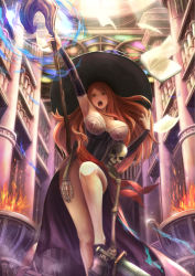 Rule 34 | 1girl, bad id, bad pixiv id, bare shoulders, breasts, brown eyes, cleavage, dragon&#039;s crown, dress, hat, highres, large breasts, long hair, red hair, skeleton, solo, sorceress (dragon&#039;s crown), staff, strapless, strapless dress, witch hat, yazuwo