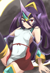 Rule 34 | 1girl, arc system works, bare shoulders, blazblue, blazblue: central fiction, breasts, detached sleeves, hades izanami, headgear, katako, long hair, looking at viewer, mikado (blazblue), no bra, purple hair, red eyes, red skirt, skirt, solo, thighhighs