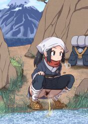 Rule 34 | 1girl, akari (pokemon), ass, backpack, bag, black eyes, black hair, clothes pull, cloud, creatures (company), female pubic hair, game freak, grass, head scarf, highres, jacket, japanese clothes, lemon snail, long hair, mountain, nintendo, outdoors, paid reward available, pants, pants pull, pantyhose, peeing, pokemon, pokemon legends: arceus, ponytail, pubic hair, relief, riverbank, scarf, socks, solo, uncensored, water, white socks