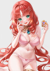 Rule 34 | 1girl, :d, aqua nails, bare shoulders, blush, bow, bowtie, bra, breasts, brooch, cameltoe, commentary, food, genshin impact, highres, holding, holding food, jewelry, large breasts, long hair, looking at viewer, myless, nail polish, navel, neck ring, nilou (genshin impact), open mouth, panties, parted bangs, pie, pink bra, pink panties, red hair, revision, simple background, smile, solo, sparkle, stomach, thighlet, underwear, very long hair