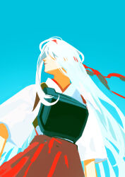 Rule 34 | 1girl, absurdres, aqua background, covered eyes, hair over eyes, hakama, headband, highres, hoshi (liujingxing333), japanese clothes, kantai collection, long hair, muneate, parted lips, profile, red hakama, red headband, shoukaku (kancolle), simple background, solo, very long hair, white hair, wide sleeves