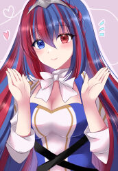 Rule 34 | 1girl, alear (female) (fire emblem), alear (fire emblem), blue eyes, blue hair, blush, braid, breasts, cleavage, cleavage cutout, closed mouth, clothing cutout, fire emblem, fire emblem engage, highres, kirishima riona, large breasts, long hair, looking at viewer, medium breasts, multicolored hair, nintendo, red eyes, red hair, ribbon, solo, tiara, two-tone hair, white ribbon