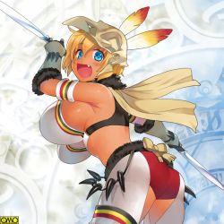 Rule 34 | armband, artist name, blonde hair, blue eyes, bowtie, breasts, claws, dark skin, fang, feathers, fur, gloves, huge breasts, knife, looking at viewer, omc, open mouth, sideboob, skull, weapon