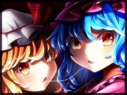 Rule 34 | 2girls, after kiss, bad id, bad pixiv id, blonde hair, blue hair, flandre scarlet, framed, hat, incest, looking at viewer, mob cap, multiple girls, oimo (imoyoukan), open mouth, portrait, red eyes, remilia scarlet, saliva, saliva trail, siblings, sisters, touhou, yuri