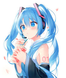 Rule 34 | 1girl, :o, black sleeves, blue eyes, blue hair, blue nails, blush, commentary, cup, detached sleeves, disposable cup, drinking straw, fingernails, hair between eyes, hair ornament, hatsune miku, headset, holding, holding cup, holding drinking straw, kh (kh 1128), long hair, nail polish, petals, shirt, solo, twintails, upper body, vocaloid, white background, white shirt, wide sleeves