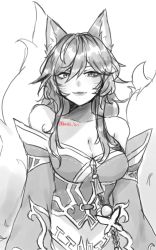 Rule 34 | 1girl, absurdres, ahri (league of legends), animal ear fluff, animal ears, bare shoulders, breasts, cleavage, closed mouth, collarbone, extra tails, facial mark, greyscale, hair between eyes, half-closed eyes, highres, kitsune, league of legends, long hair, looking at viewer, monochrome, shiroki yori, simple background, sketch, slit pupils, solo, tail, tassel, twitter username, whisker markings, white background