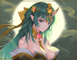 Rule 34 | 1girl, bare shoulders, breasts, cleavage, closed mouth, commentary, dated commentary, english commentary, gem, gold trim, green background, green eyes, green hair, green shirt, hair ornament, hair ribbon, highres, horn ornament, horns, kookoo, large breasts, long hair, looking at viewer, mole, mole on breast, neck ribbon, off-shoulder shirt, off shoulder, oni, oni horns, original, red gemstone, ribbon, shirt, single horn, solo, tassel, upper body, yellow gemstone, yellow ribbon