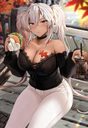 Rule 34 | 1girl, autumn, autumn leaves, bare shoulders, black choker, black nails, black shirt, black sleeves, breasts, burger, choker, cleavage, closed mouth, collarbone, commentary request, cup, dark-skinned female, dark skin, detached sleeves, fingernails, food, glasses, hair between eyes, highres, holding, holding cup, holding food, jewelry, kantai collection, large breasts, leaf, long hair, looking at viewer, maple leaf, musashi (kancolle), musashi kai ni (kancolle), nail polish, outdoors, pants, red eyes, ring, shirt, sitting, solo, twintails, white hair, white pants, yunamaro