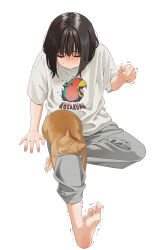 Rule 34 | 1girl, arm support, barefoot, black hair, blush, cat, clenched hand, closed eyes, commentary request, feet, full body, grey pants, invisible chair, mattaku mousuke, medium hair, orange cat, original, oversized clothes, oversized shirt, pants, shirt, sidelocks, sitting, soles, solo, sweatdrop, t-shirt, toenails, toes, trembling, white shirt