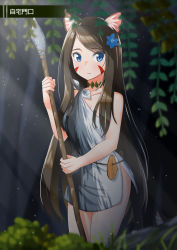 Rule 34 | 1girl, absurdres, aina (mao lian), animal ear fluff, animal ears, blue eyes, blue flower, blurry, blurry background, blurry foreground, brown hair, cat ears, cat tail, closed mouth, cowboy shot, facial mark, flintstone, flower, hair flower, hair ornament, highres, holding, holding polearm, holding spear, holding weapon, long hair, looking at viewer, mao lian (nekokao), original, polearm, rags, robe, smile, solo, spear, standing, tail, translation request, two-handed, very long hair, weapon, white robe