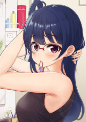 Rule 34 | 10s, 1girl, armpits, arms up, bare arms, bare shoulders, bathroom, bespectacled, blunt bangs, blush, breasts, commentary request, cup, electrical outlet, from side, glasses, hair tie, hairdressing, highres, indoors, looking at viewer, looking to the side, love live!, love live! sunshine!!, medium breasts, mouth hold, over-rim eyewear, red-framed eyewear, semi-rimless eyewear, sleeveless, solo, tank top, tatsumi432, toothbrush, tsushima yoshiko, tying hair, upper body