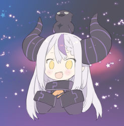 Rule 34 | 1girl, :d, animal, bird, black dress, blade (galaxist), blush, chibi, commentary request, cropped torso, crow, crow (la+ darknesss), demon horns, dress, fangs, grey hair, hands up, hololive, holox, horns, la+ darknesss, long hair, long sleeves, multicolored hair, open mouth, purple hair, sleeves past fingers, sleeves past wrists, smile, solo, space, star (symbol), streaked hair, striped horns, upper body, virtual youtuber, yellow eyes