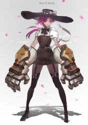 Rule 34 | 1girl, alternate costume, black pantyhose, blouse, breasts, canking, cigarette, dress, floral print, full body, garter straps, hat, league of legends, looking at viewer, pantyhose, parted lips, pink hair, ponytail, puffy short sleeves, puffy sleeves, purple eyes, shirt, short dress, short hair, short sleeves, small breasts, solo, standing, thighhighs, thighhighs over pantyhose, vi (league of legends), white shirt