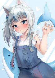 Rule 34 | 1girl, :3, absurdres, animal ears, bare arms, blue background, blue eyes, blue hair, blue nails, blue skirt, blunt bangs, blush, buckle, buttons, cat ears, claw pose, closed mouth, collarbone, commentary, fins, fish tail, gawr gura, gawr gura (casual), grey hair, hair ornament, hand up, heart, highres, hololive, hololive english, kemonomimi mode, lomocya, looking at viewer, medium hair, multicolored hair, nail polish, official alternate costume, shark girl, shark tail, shirt, side ponytail, sidelocks, skirt, sleeveless, sleeveless shirt, solo, standing, streaked hair, stuffed animal, stuffed shark, stuffed toy, suspenders, tail, virtual youtuber, white background, white shirt