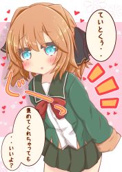 Rule 34 | 1girl, :o, black ribbon, blue eyes, blush, bow, brown hair, commentary request, floral background, green sailor collar, green shirt, green skirt, hachijou (kancolle), hair between eyes, hair ribbon, heart, highres, kantai collection, long sleeves, parted lips, pink background, pleated skirt, red bow, ribbon, ridy (ri sui), sailor collar, school uniform, serafuku, shirt, skirt, sleeves past fingers, sleeves past wrists, solo, translation request, two-tone background, white background