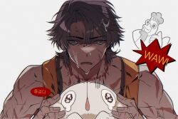 Rule 34 | anger vein, annoyed, bird, blood on neck, bongy (project moon), brown hair, chicken, dark-skinned male, dark skin, harness, heathcliff (project moon), highres, korean text, limbus company, liquid, male focus, multiple scars, non-web source, project moon, scar, scar on face, topless male, wet, wet hair