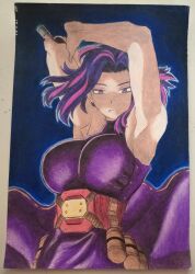 Rule 34 | absurdres, armpits, arms up, attack, bare shoulders, boku no hero academia, breasts, commentary, dress, english commentary, gun, highres, lady nagant, large breasts, multicolored hair, night, night sky, pink hair, pleated skirt, purple dress, purple eyes, purple hair, rifle, self-upload, serious, short hair, skirt, sky, sniper rifle, traditional media, weapon, yamidanight