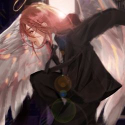 Rule 34 | 1boy, angel, angel devil (chainsaw man), angel wings, black suit, business suit, chainsaw man, demon boy, feathered wings, formal, halo, highres, hqls, long hair, looking at viewer, neckwear request, red hair, suit, white wings, wings