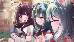 Rule 34 | 3girls, ahoge, animal ears, blue hair, blunt bangs, blush, box, brown hair, closed eyes, commentary, double thumbs up, fox ears, game console, gift, green eyes, green hair, hair ornament, highres, holding, holding box, japanese clothes, kimono, looking at another, medium hair, microa, multiple girls, open mouth, red eyes, siblings, sisters, sitting, smile, sparkle, spirit, thumbs up, touhoku itako, touhoku kiritan, touhoku zunko, upper body, voiceroid, white kimono, wii