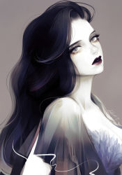 Rule 34 | 1girl, black hair, breasts, cleavage, colored skin, eyelashes, eyeshadow, from side, gradient background, grey background, grey eyes, head tilt, lips, lipstick, long hair, looking at viewer, makeup, original, parted lips, realistic, red lips, simple background, solo, takenaka, upper body, watermark, wavy hair, web address, white skin