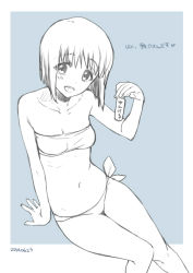 Rule 34 | 1girl, :d, arm support, bandeau, bare shoulders, bikini, blue theme, blush, bob cut, breasts, cleavage, dated, energy drink, framed, hagiwara yukiho, head tilt, holding, idolmaster, idolmaster (classic), looking at viewer, monochrome, navel, open mouth, outside border, ribs, short hair, side-tie bikini bottom, simple background, sitting, sketch, small breasts, smile, solo, sumeragi kohaku, swimsuit, thigh gap