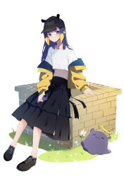 Rule 34 | 1girl, absurdres, baseball cap, black footwear, black hat, black skirt, blue eyes, blue hair, cellphone, closed mouth, commentary, cropped shirt, english commentary, full body, hat, highres, holding, holding phone, hololive, hololive english, jacket, jacket partially removed, long hair, long skirt, long sleeves, looking to the side, lucferz, midriff, navel, ninomae ina&#039;nis, phone, pointy ears, shirt, shoes, sitting, skirt, smartphone, solo, takodachi (ninomae ina&#039;nis), tentacle hair, virtual youtuber, white shirt, yellow jacket